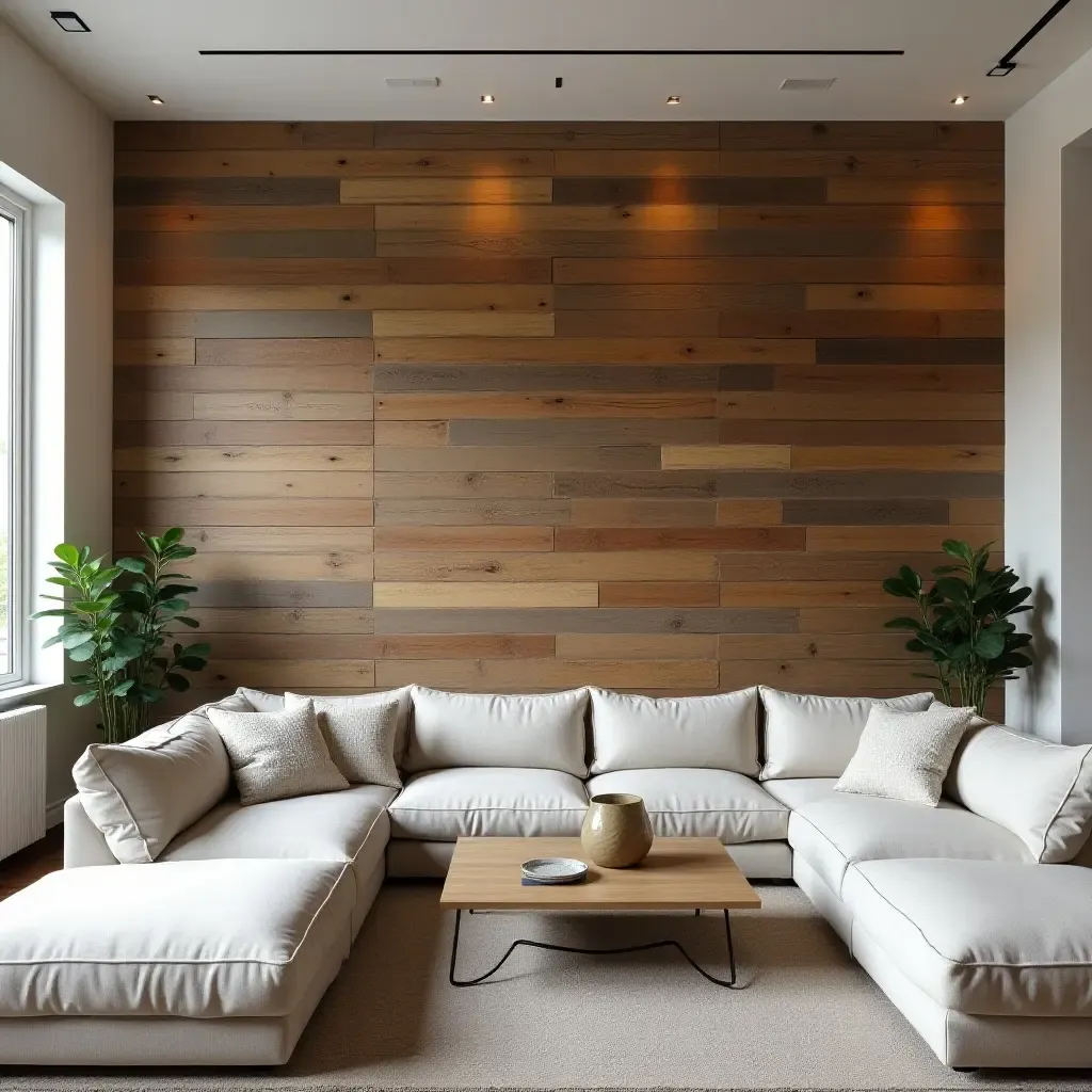 a photo of a reclaimed wood feature wall in a living room