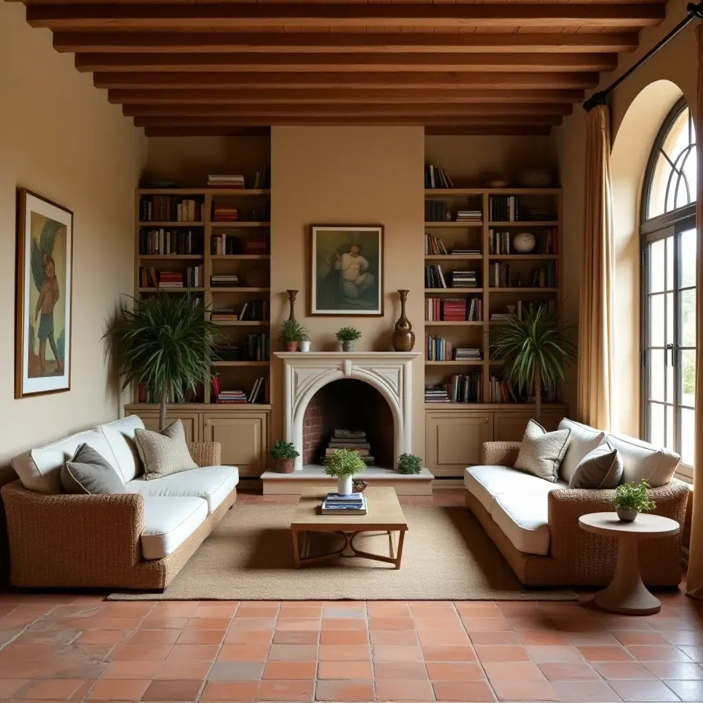 a photo of a cozy Mediterranean-style home library with terracotta tiles