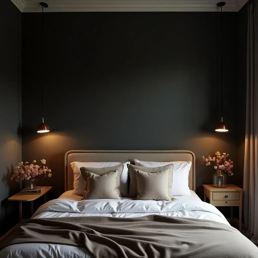 a photo of a cozy master bedroom with a dark color scheme and soft pillows