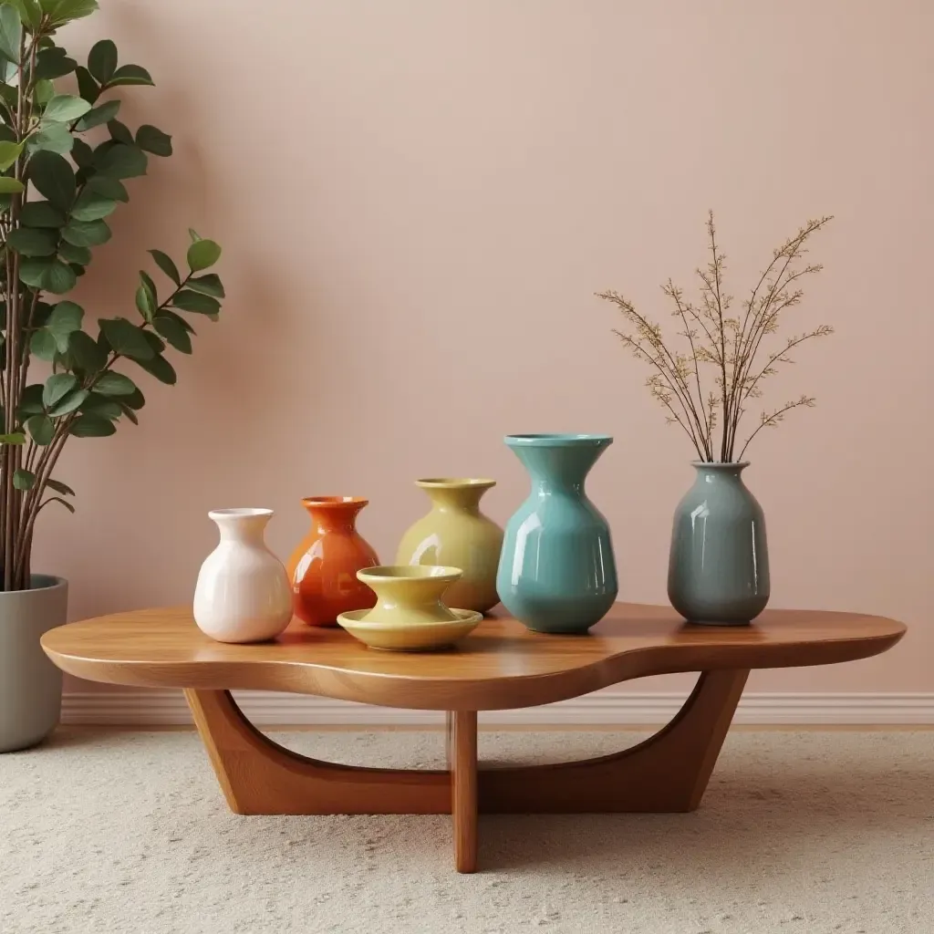 a photo of a unique coffee table adorned with colorful decor items