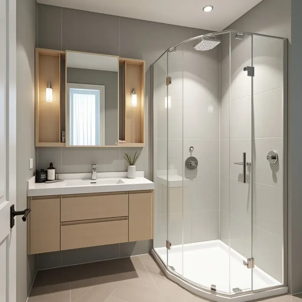 a photo of a compact bathroom with multifunctional furniture