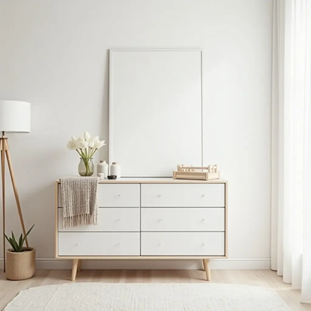 a photo of a contemporary nursery with a sleek dresser and minimalist accessories