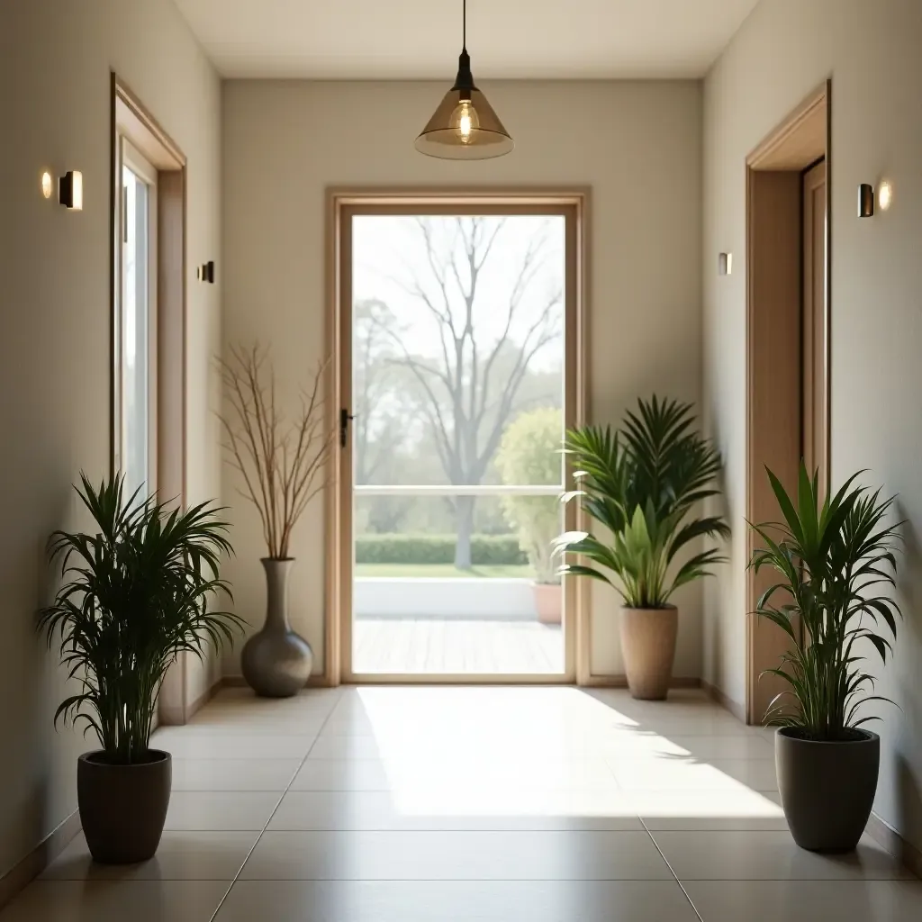 a photo of a minimalist entrance hall with natural light and potted plants