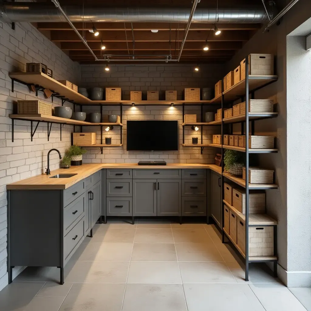 a photo of a basement storage area with innovative shelving and organization