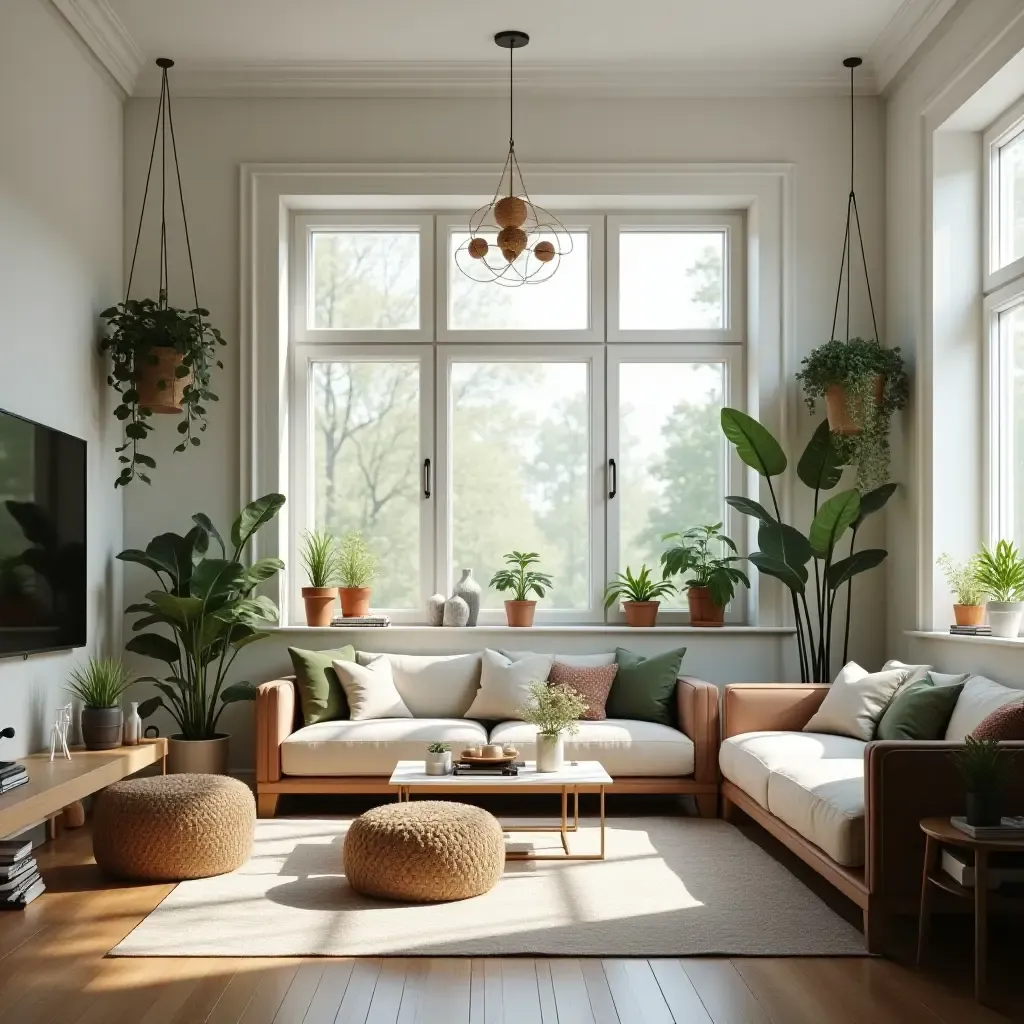 a photo of a living room with hanging plants and natural light