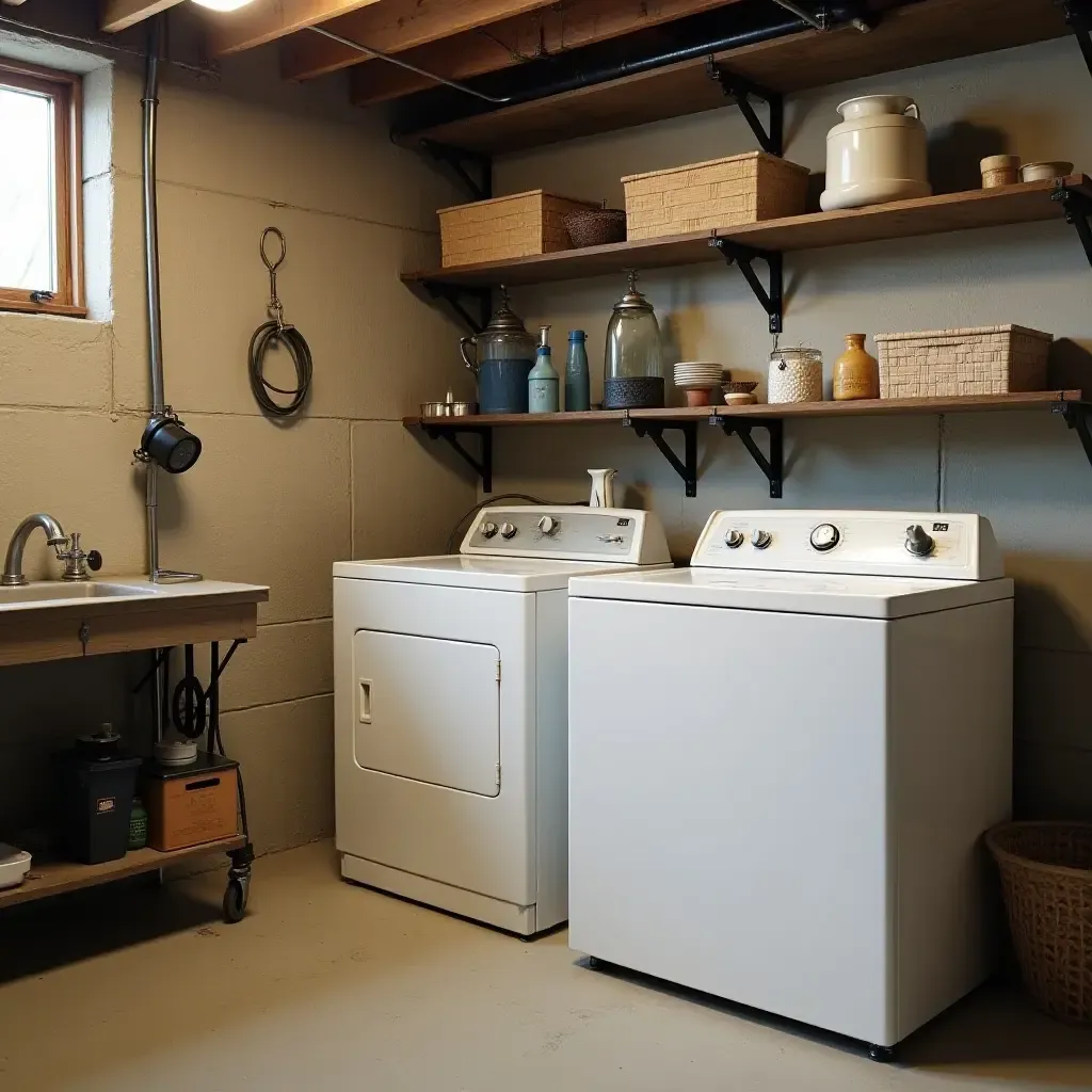 a photo of a basement laundry area with vintage appliances and metal shelving