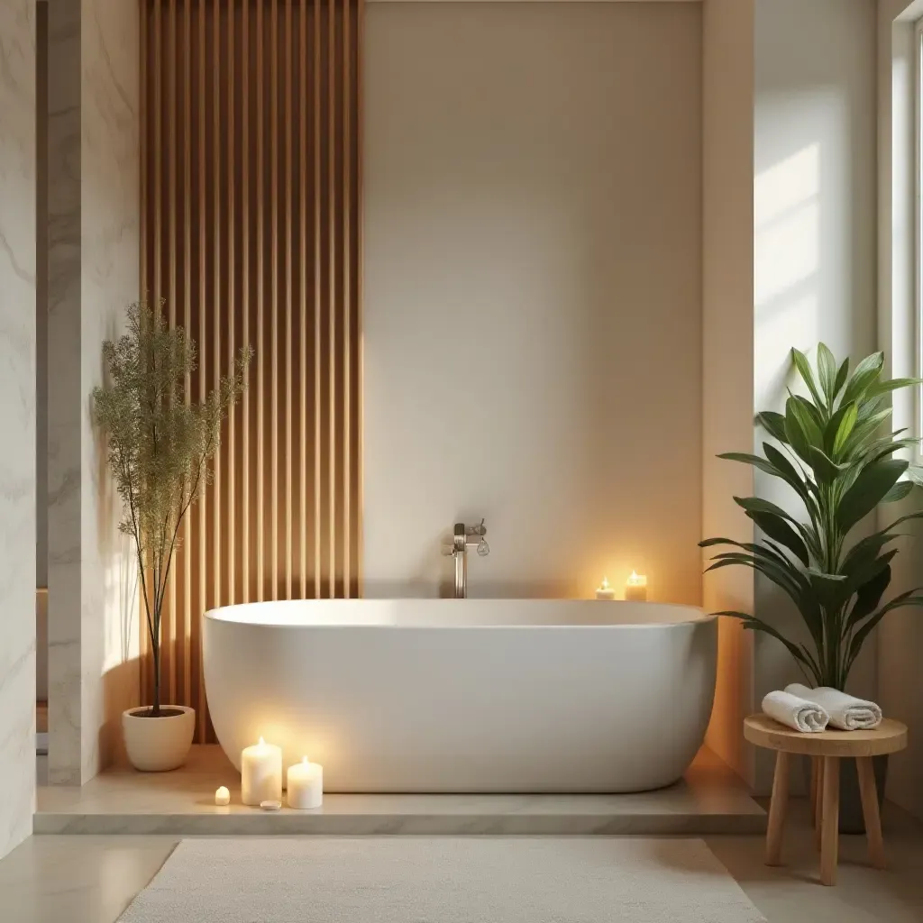 a photo of a calming bathroom with candles, plants, and natural materials