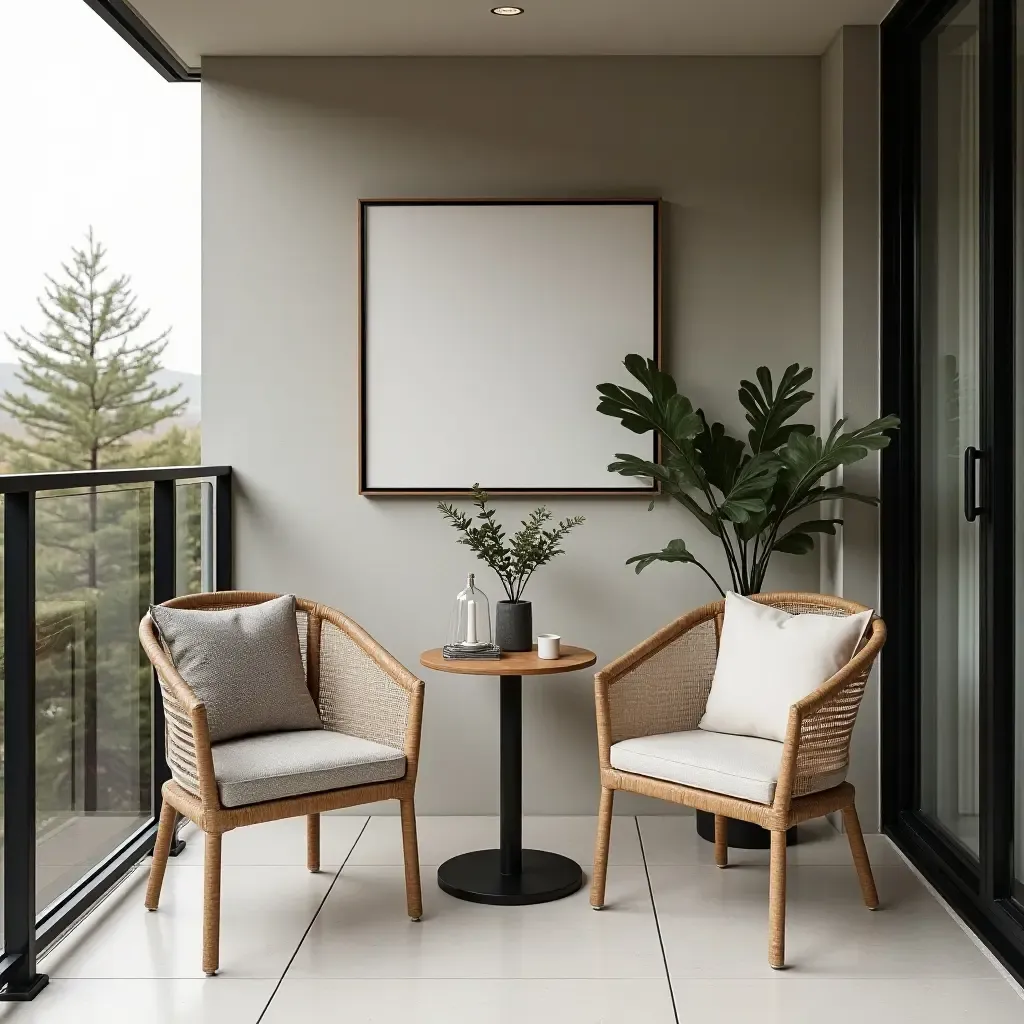 a photo of a balcony shelf with a stylish table and chairs arrangement