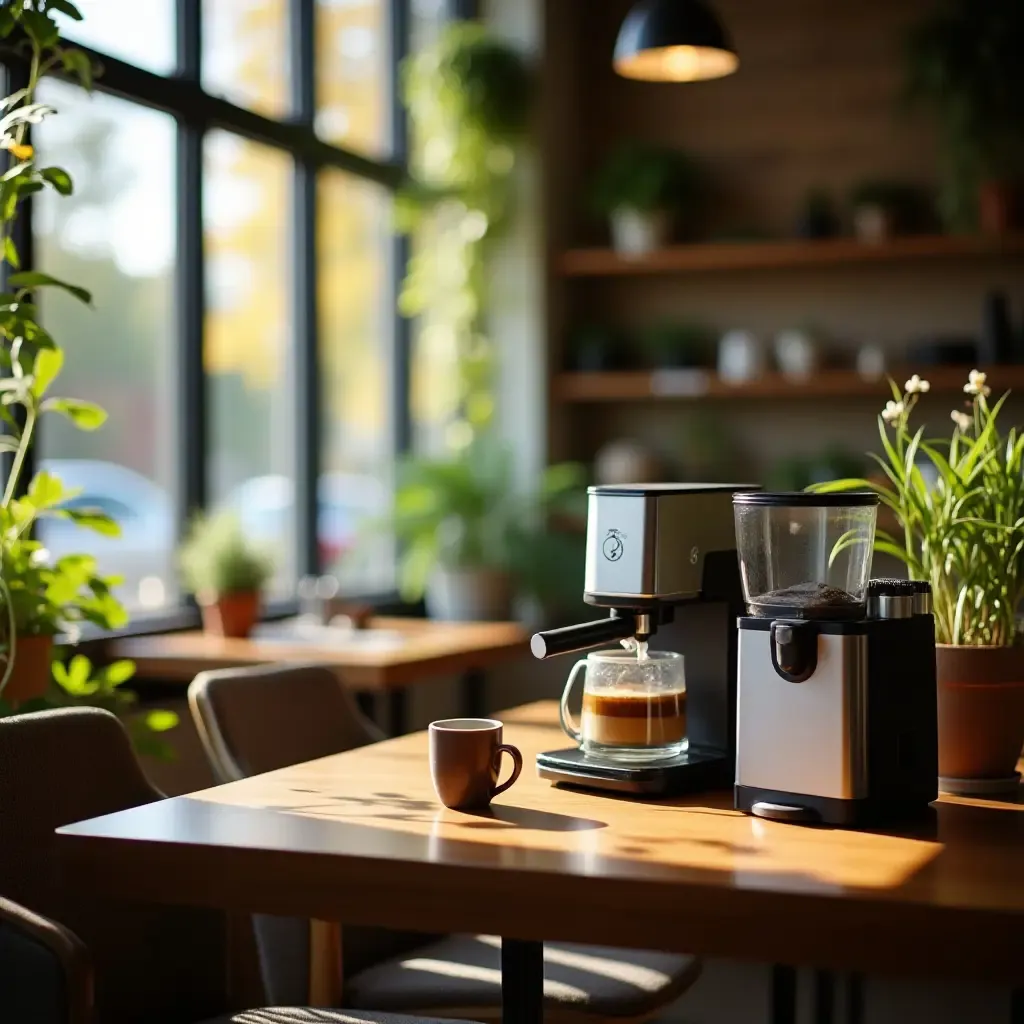 a photo of a well-lit coffee station with natural light and greenery