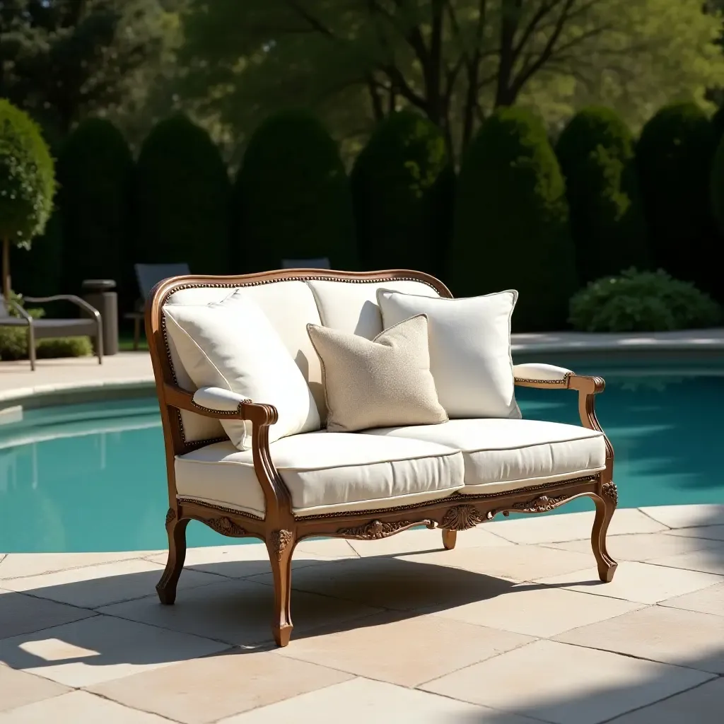 a photo of a stylish vintage loveseat placed by the poolside