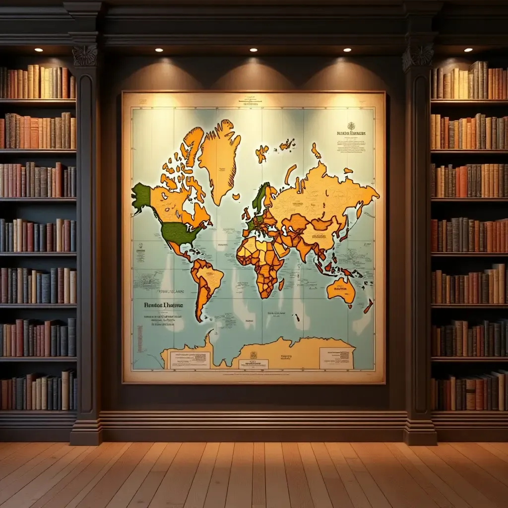 a photo of a library gallery wall with a vintage map theme