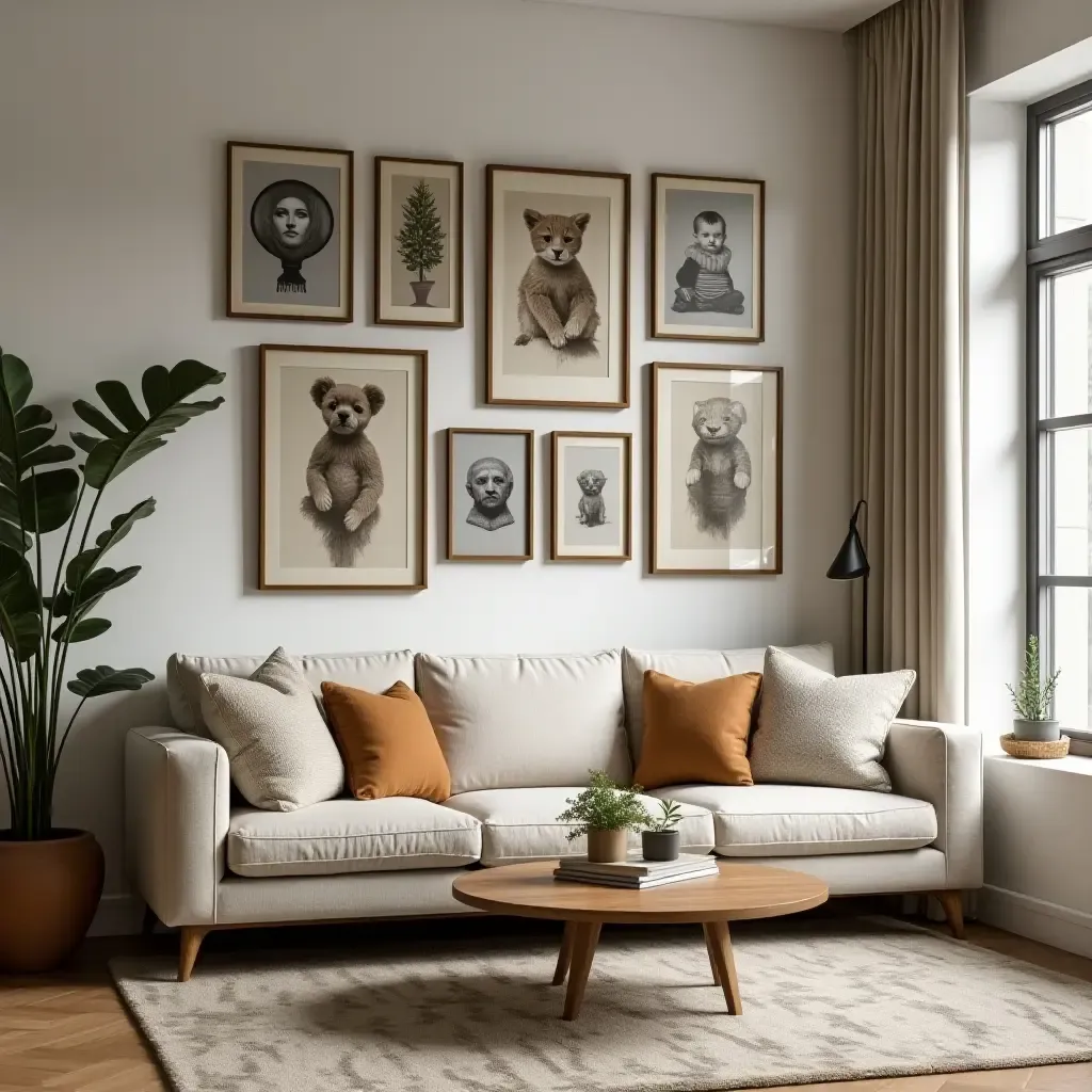 a photo of a living room with a vintage-inspired wall collage