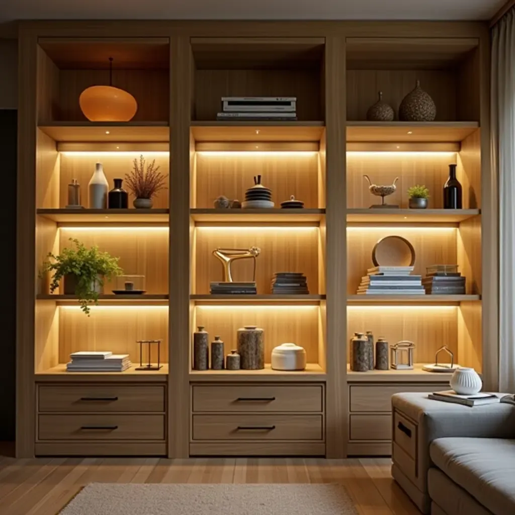 a photo of open shelving with layered lighting highlighting decorative items