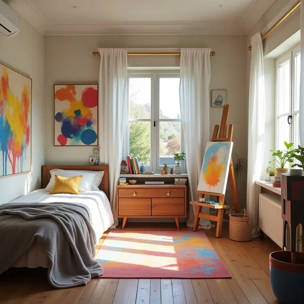 a photo of a colorful art-themed bedroom with easels and paints