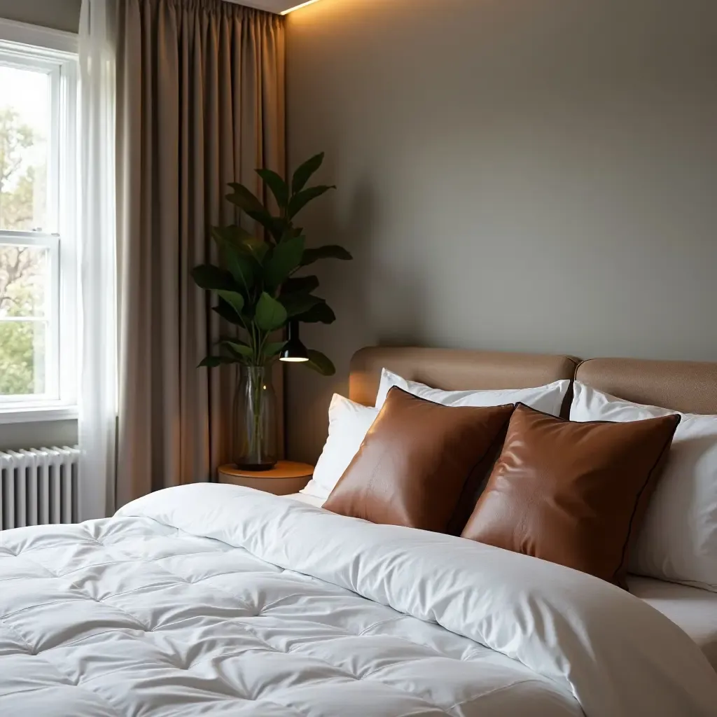 a photo of a sleek bedroom with leather throw pillows