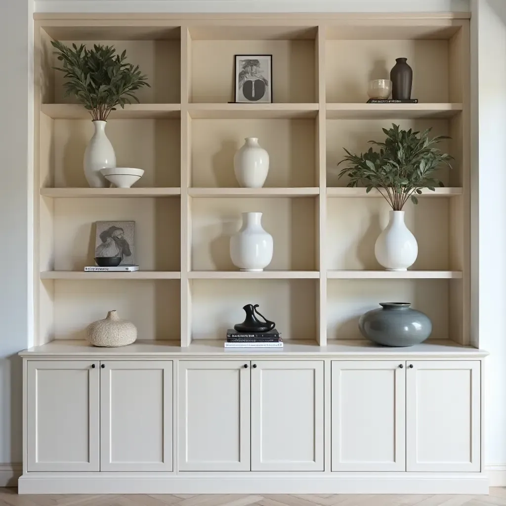 a photo of open shelves adorned with curated travel souvenirs and elegant vases