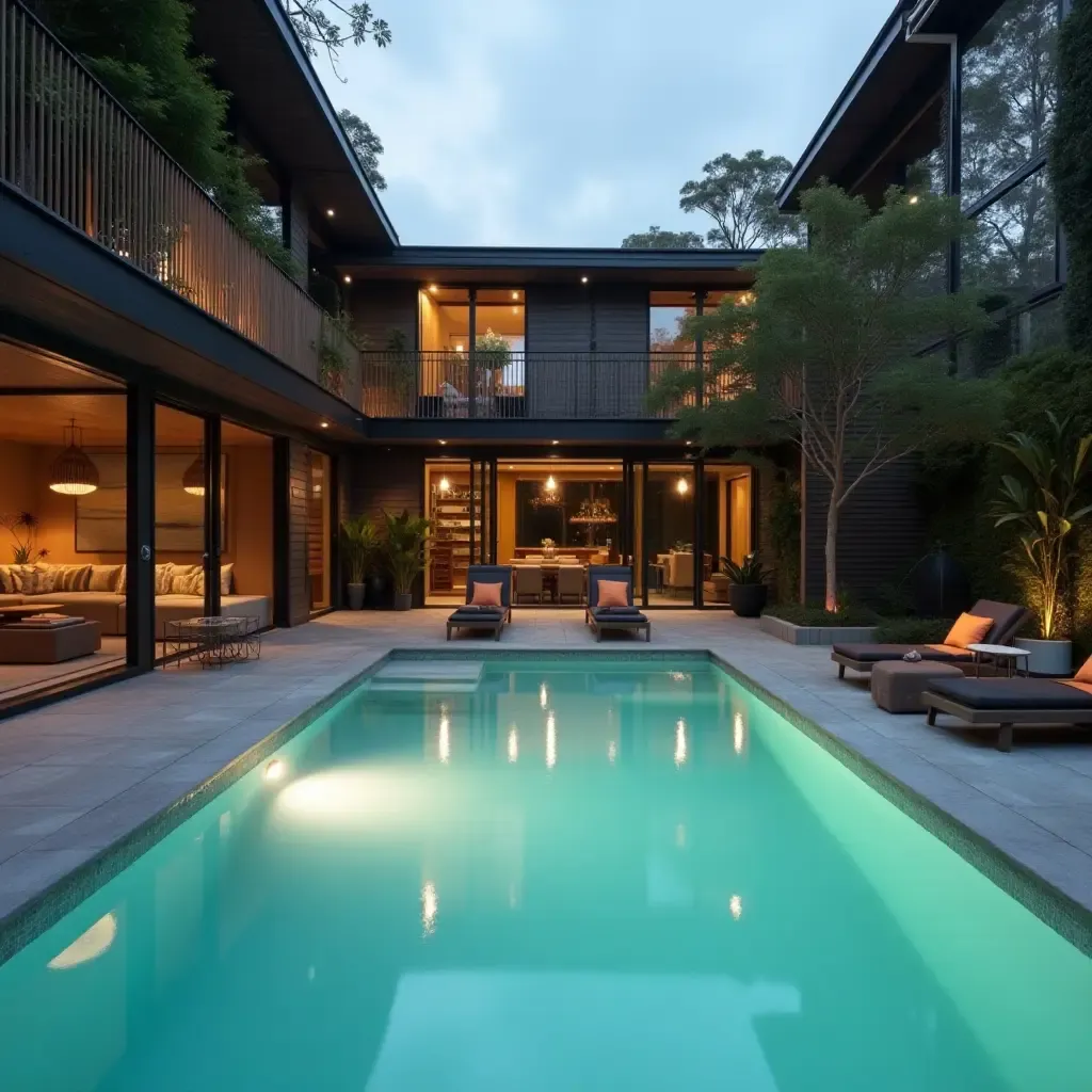 a photo of a modern pool area with elegant pendant lighting above