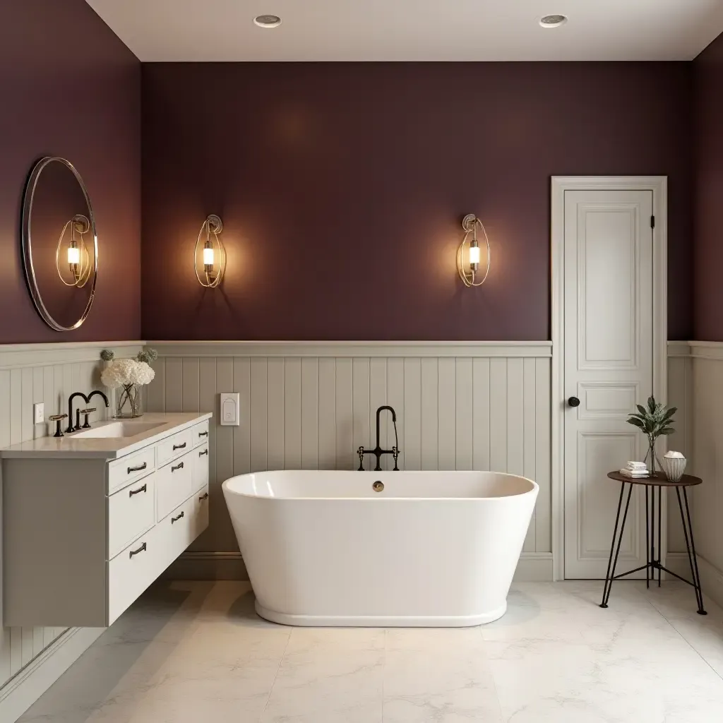 a photo of a sophisticated plum and cream bathroom with elegant lighting