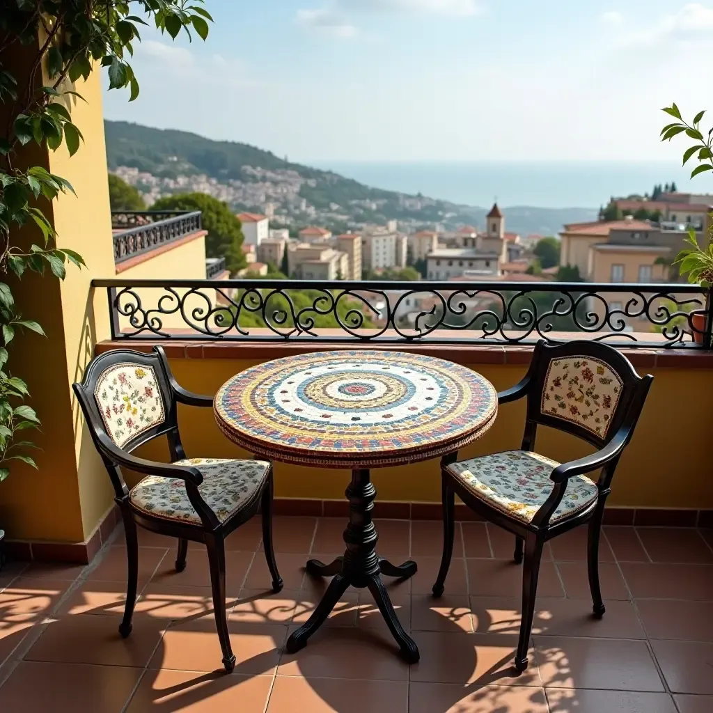 a photo of a balcony with a mosaic table and chairs