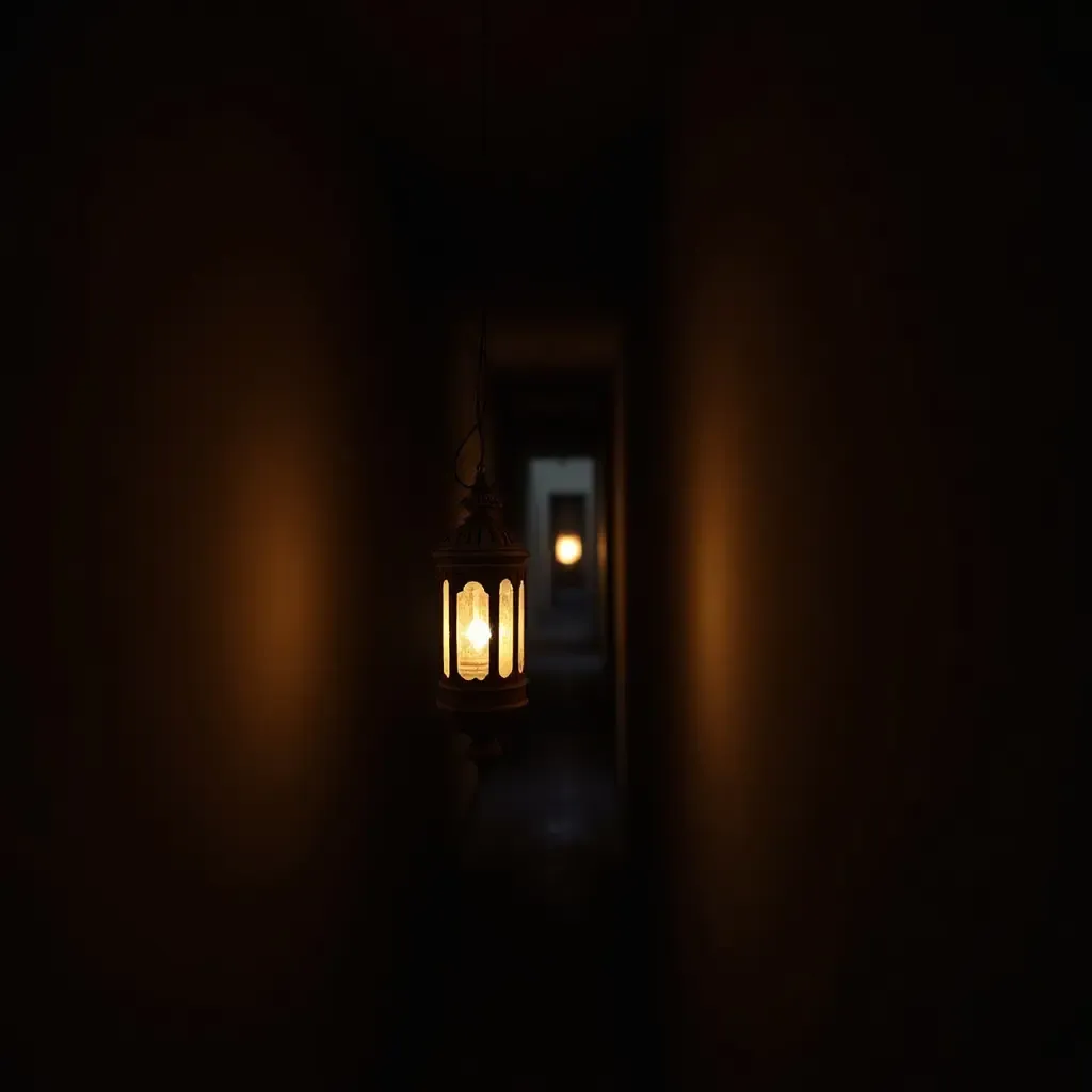 a photo of a charming lantern illuminating a dark corridor