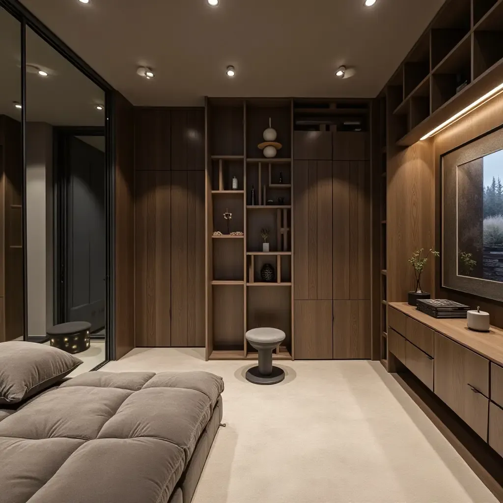 a photo of a stylish basement gym with mirrored walls and smart storage solutions