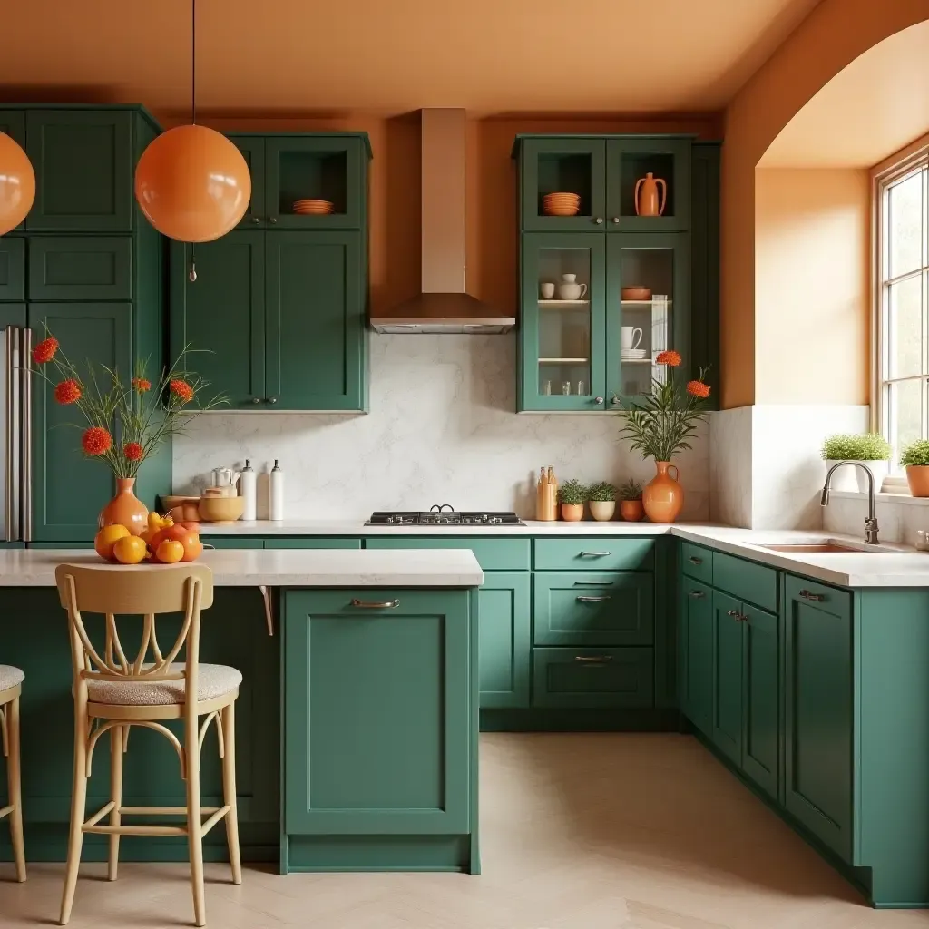 a photo of a kitchen featuring green cabinets and orange accents in decor