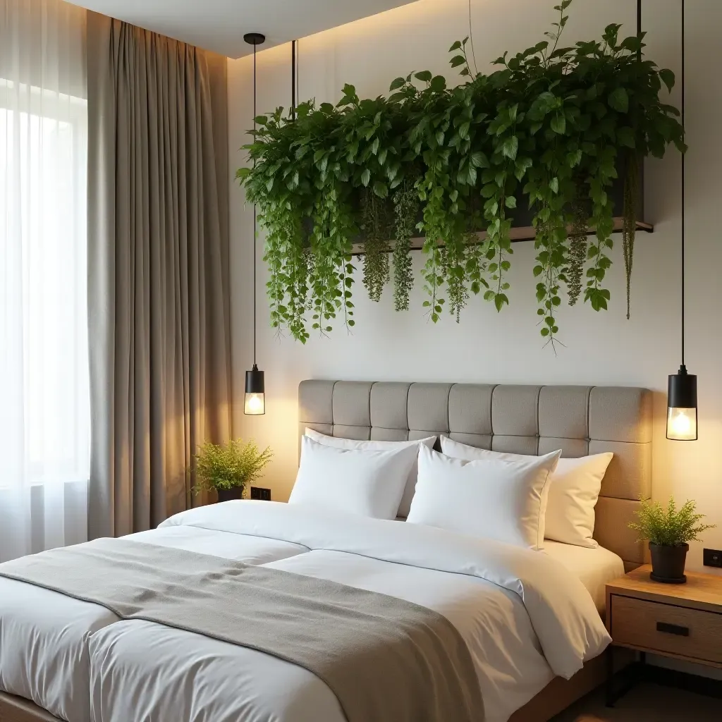 a photo of a bedroom featuring a hanging garden above the bed