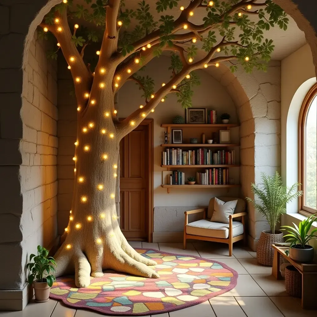 a photo of a basement with a whimsical reading tree for kids