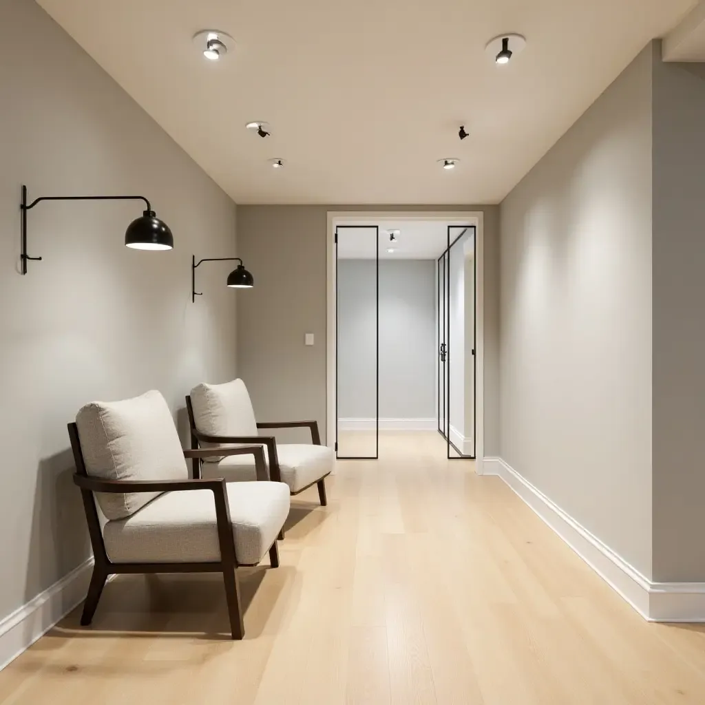 a photo of a minimalist basement with simple fabric chairs, light wood floors, and modern metal fixtures