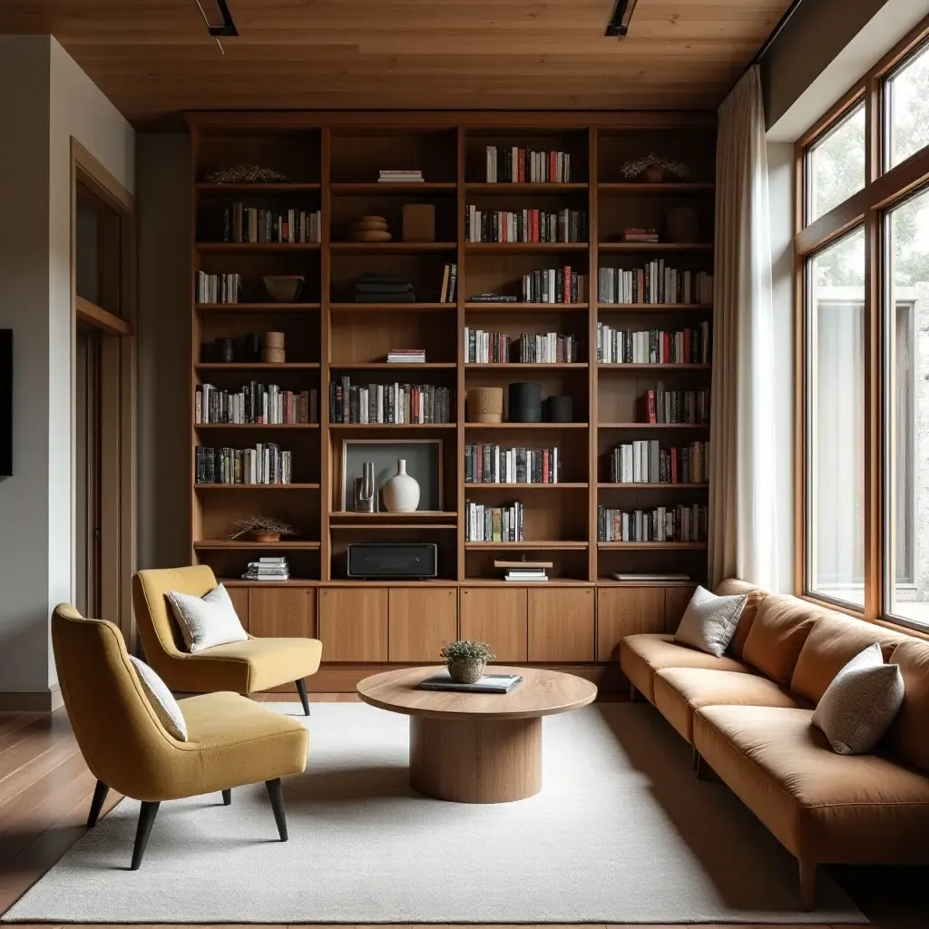 a photo of a library showcasing Scandinavian decor with a focus on comfort