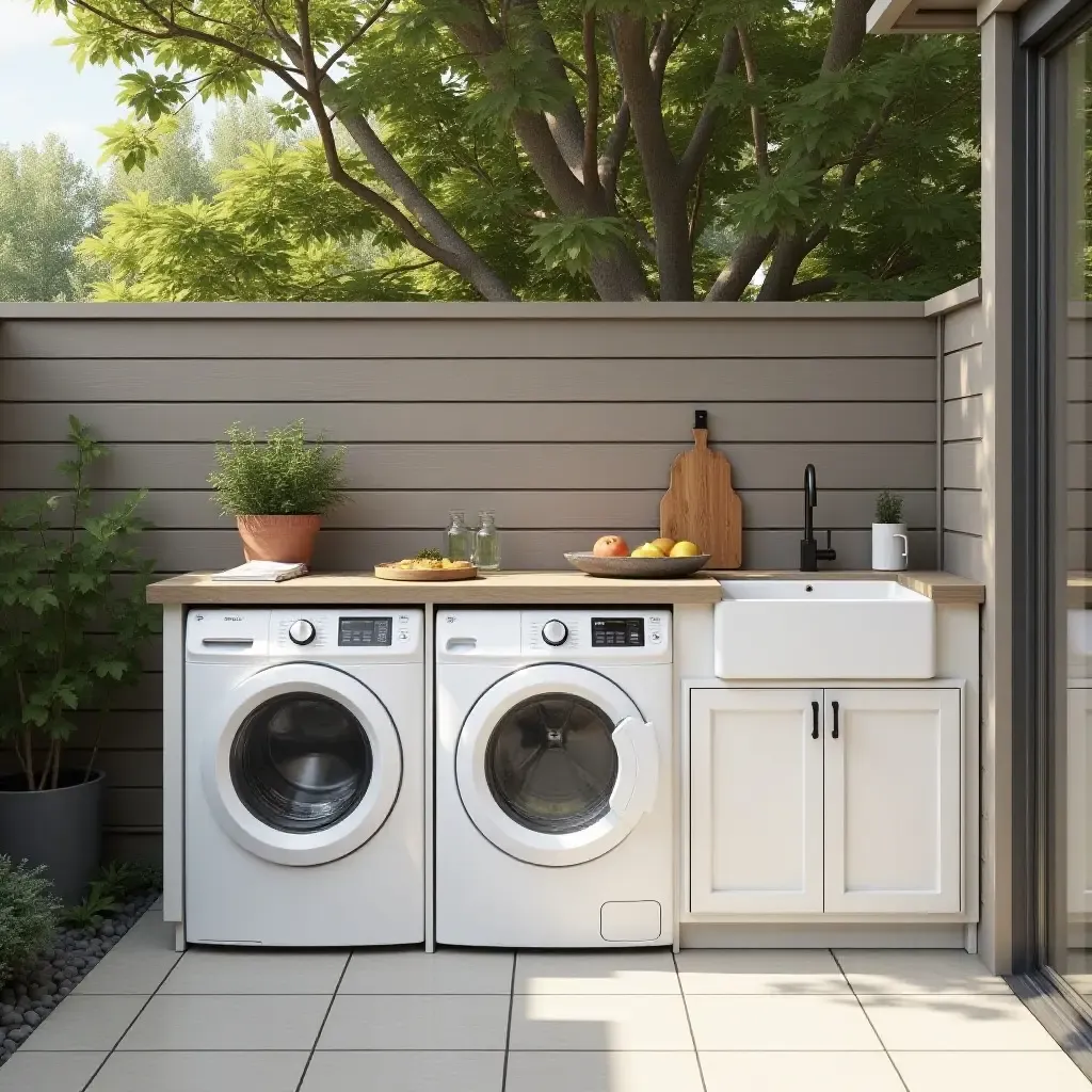 a photo of an outdoor laundry area with a built-in sink and countertop for convenience