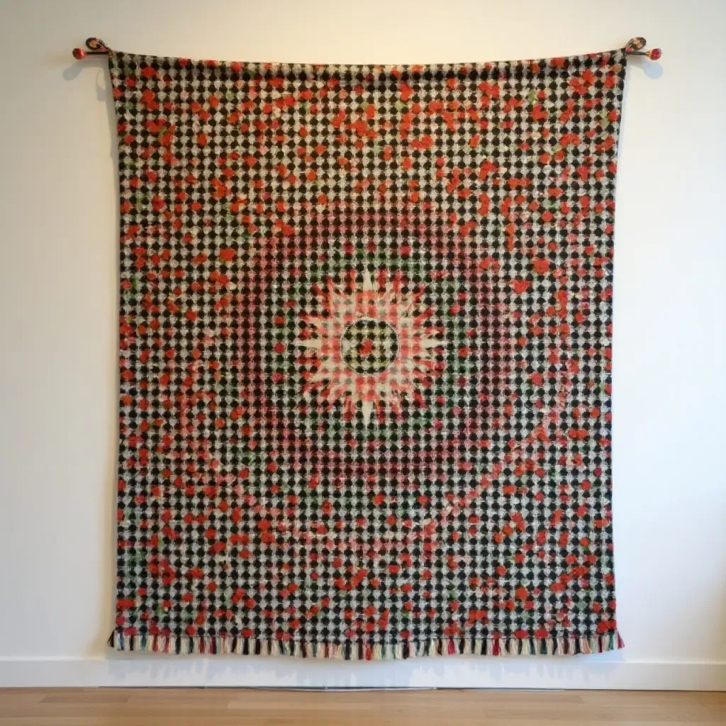 a photo of a fabric wall hanging with intricate patterns