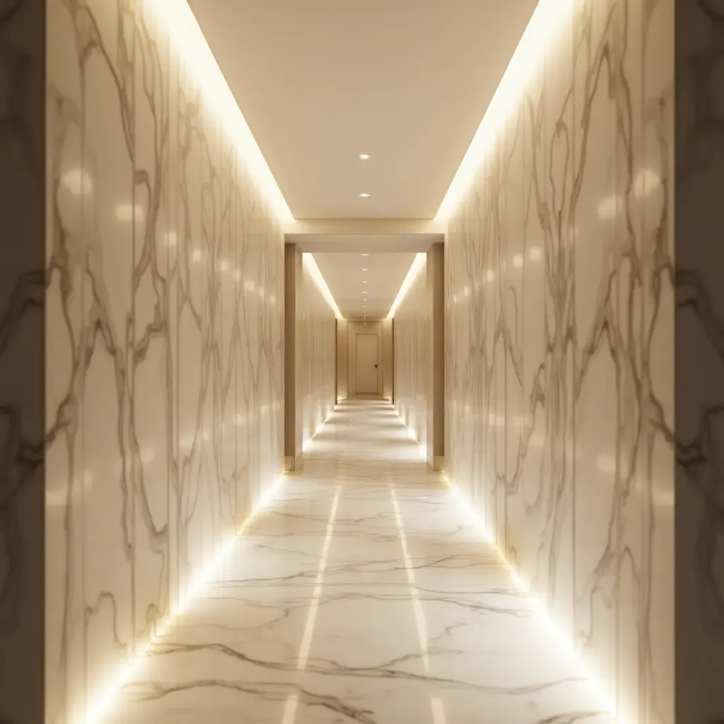 a photo of a serene marble corridor illuminated by soft, ambient lighting