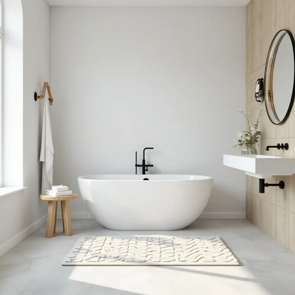 a photo of a geometric patterned rug in a minimalist bathroom