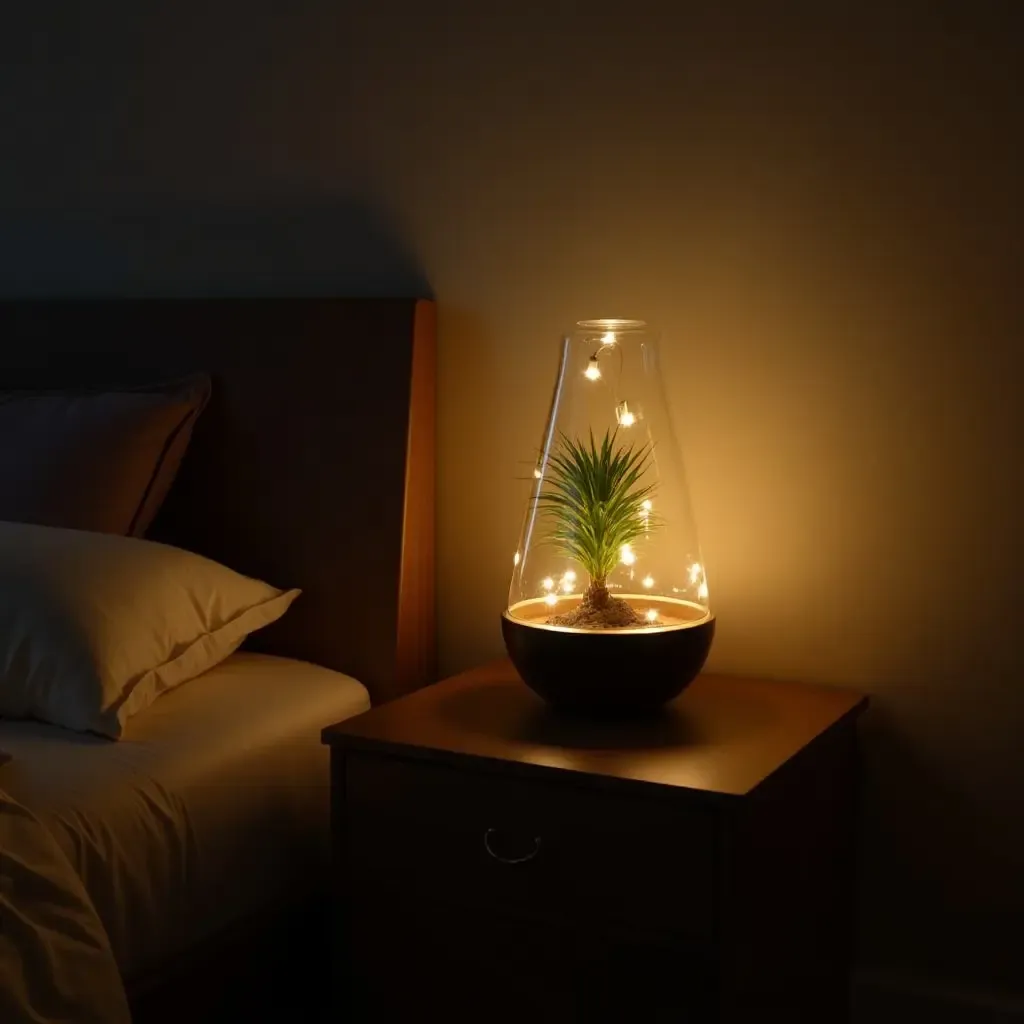 a photo of a nightstand with a glowing plant terrarium