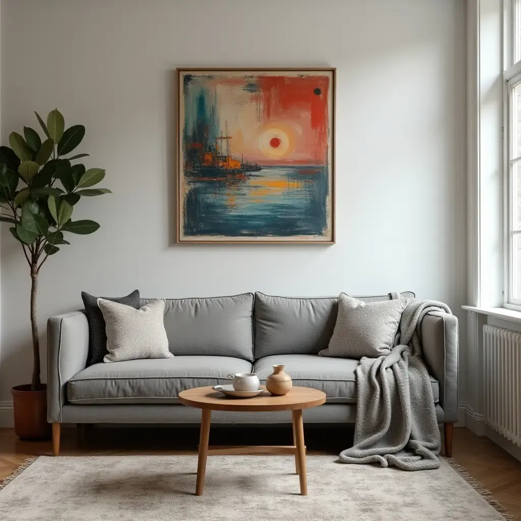 a photo of a grey sofa surrounded by vintage decor and eclectic artwork