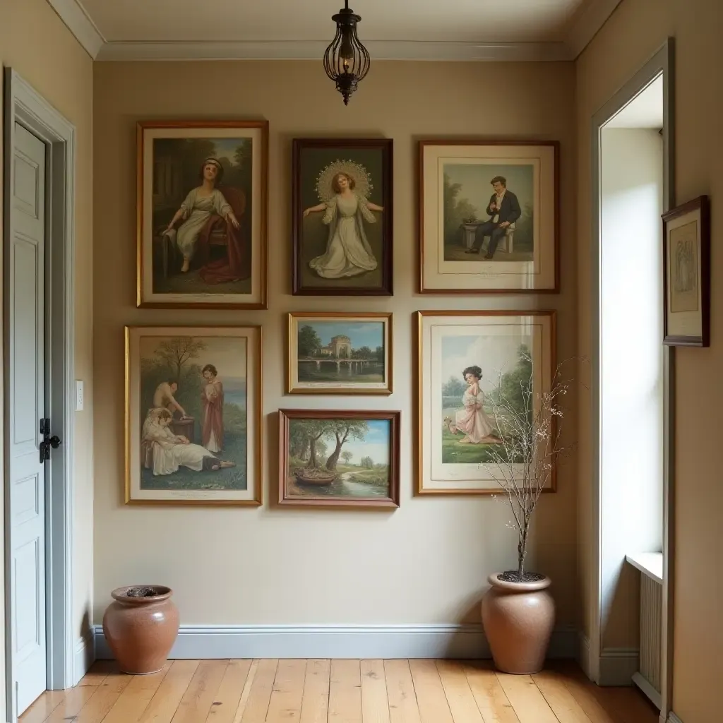 a photo of a quaint gallery wall filled with vintage art in a corridor