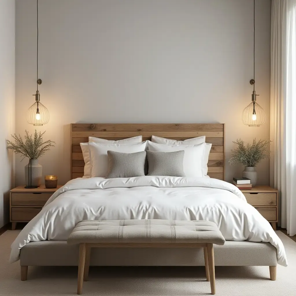 a photo of a stylish bedroom featuring a reclaimed wood headboard and soft linens