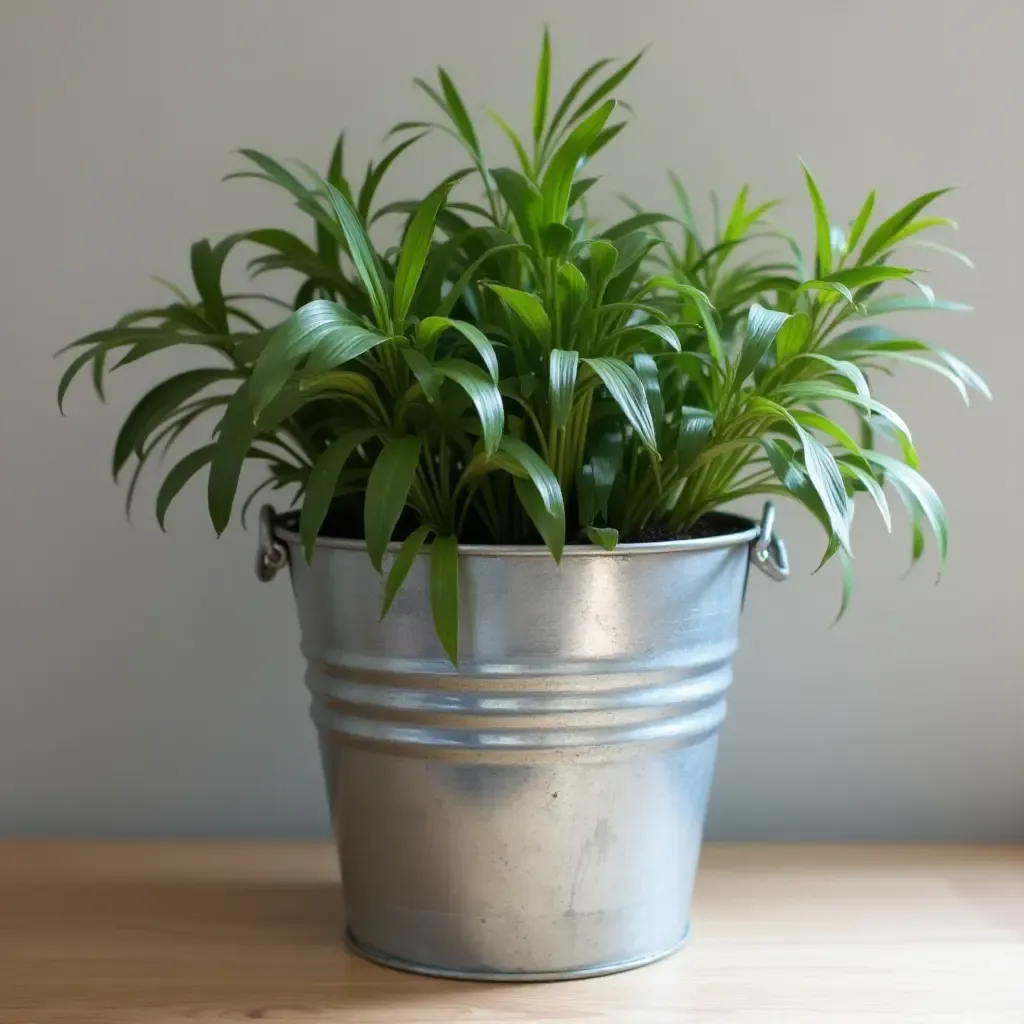 a photo of a galvanized metal bucket as a plant holder