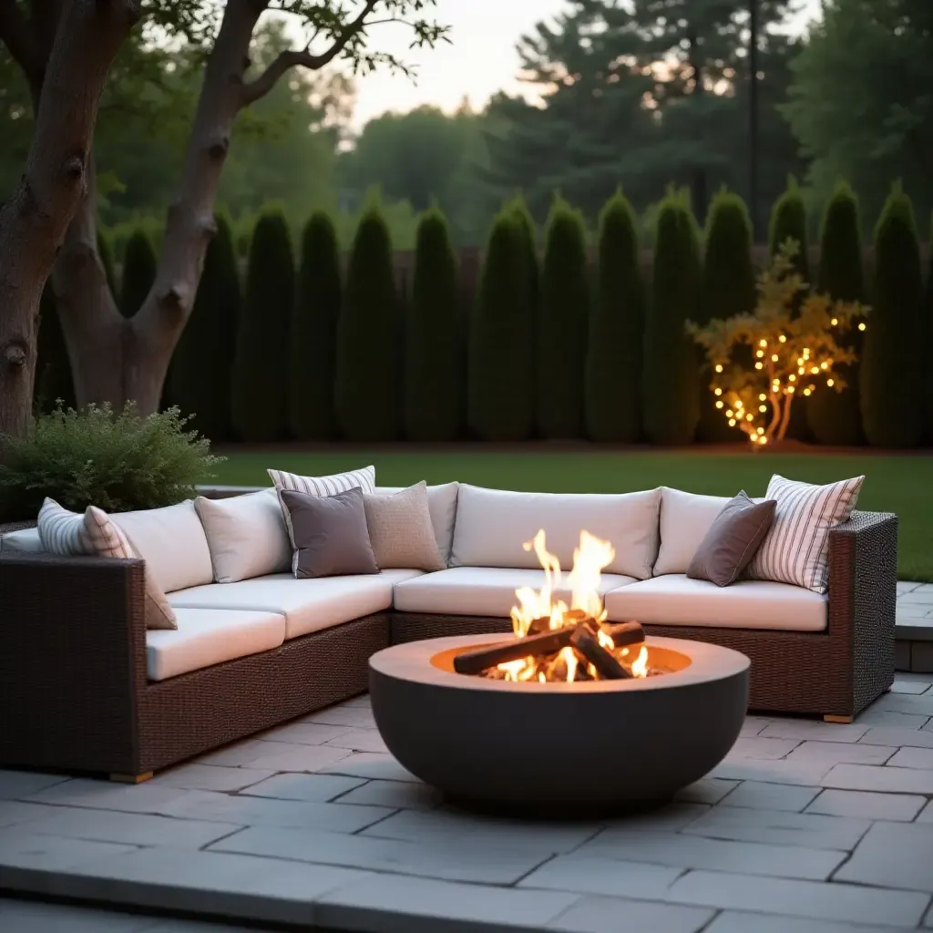 a photo of a cozy fire pit setup with cushions for outdoor living