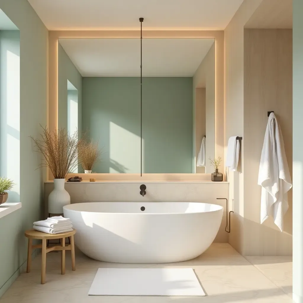 a photo of a spa-like bathroom featuring a large mirror and calming colors