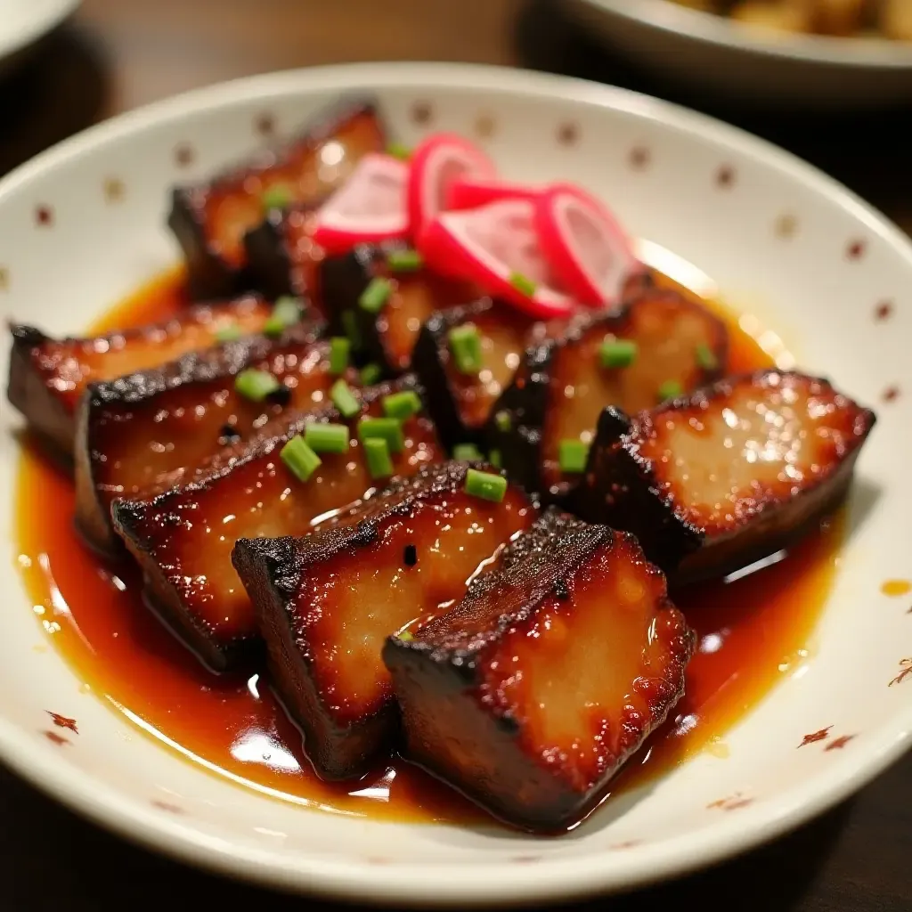 a photo of Korean BBQ with a spicy gochujang honey glaze and pickled radishes.