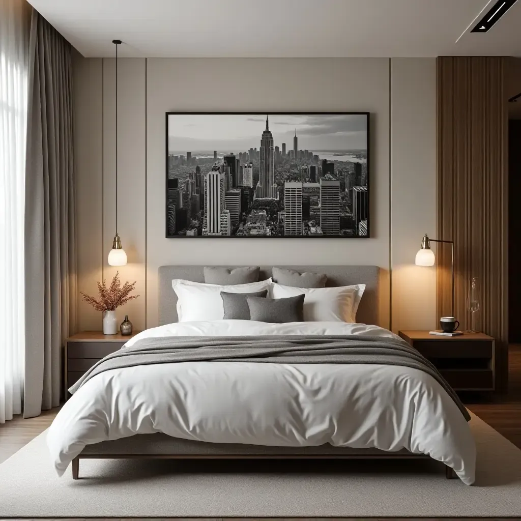 a photo of a sophisticated urban bedroom with a gallery wall of cityscape photography