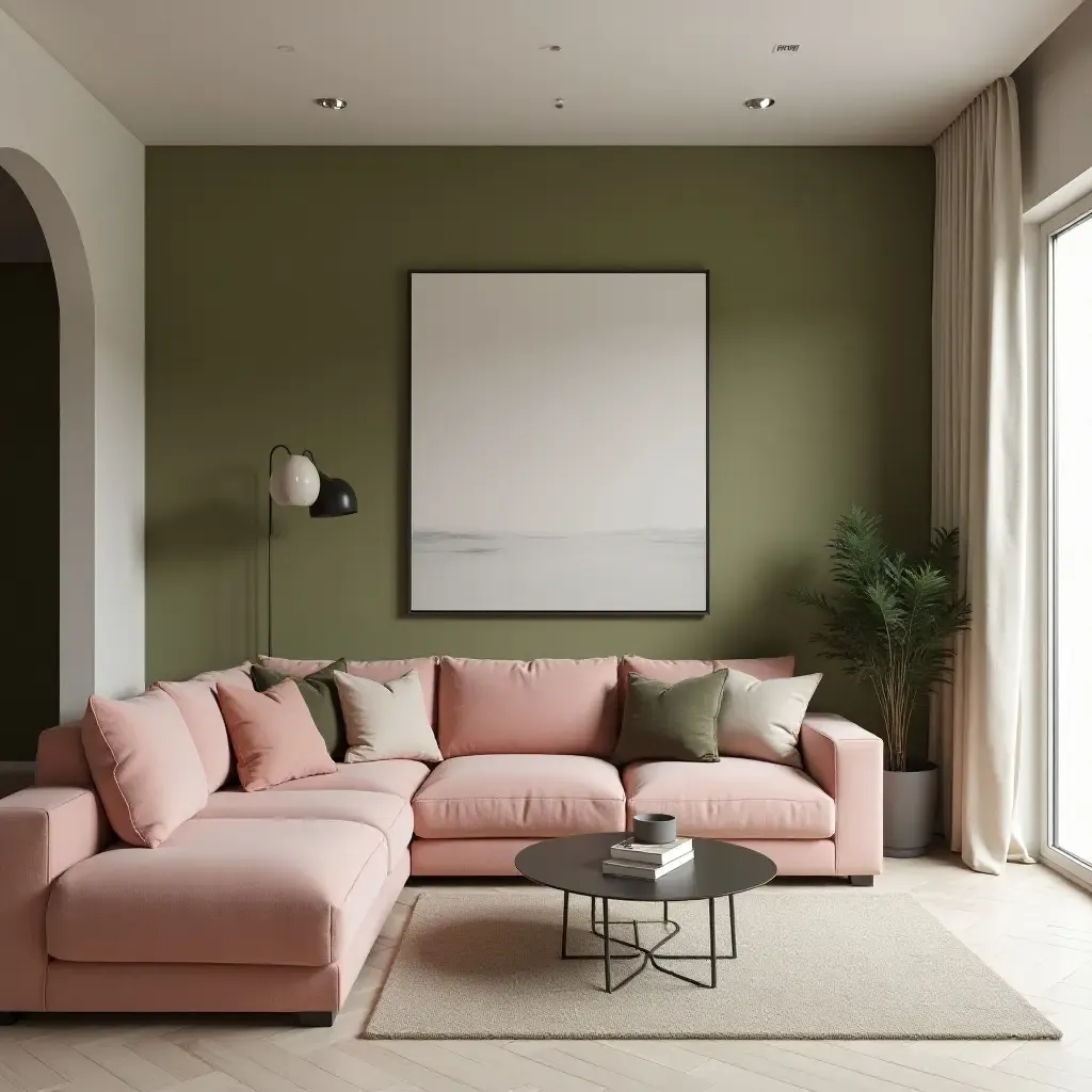 a photo of a modern living room featuring olive green and blush pink