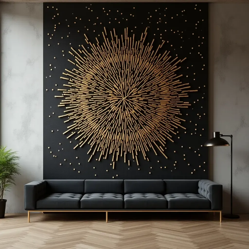 a photo of a striking black and gold wall art installation