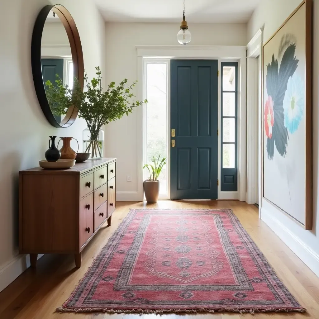 a photo of a vintage kilim rug adding character to an entrance space