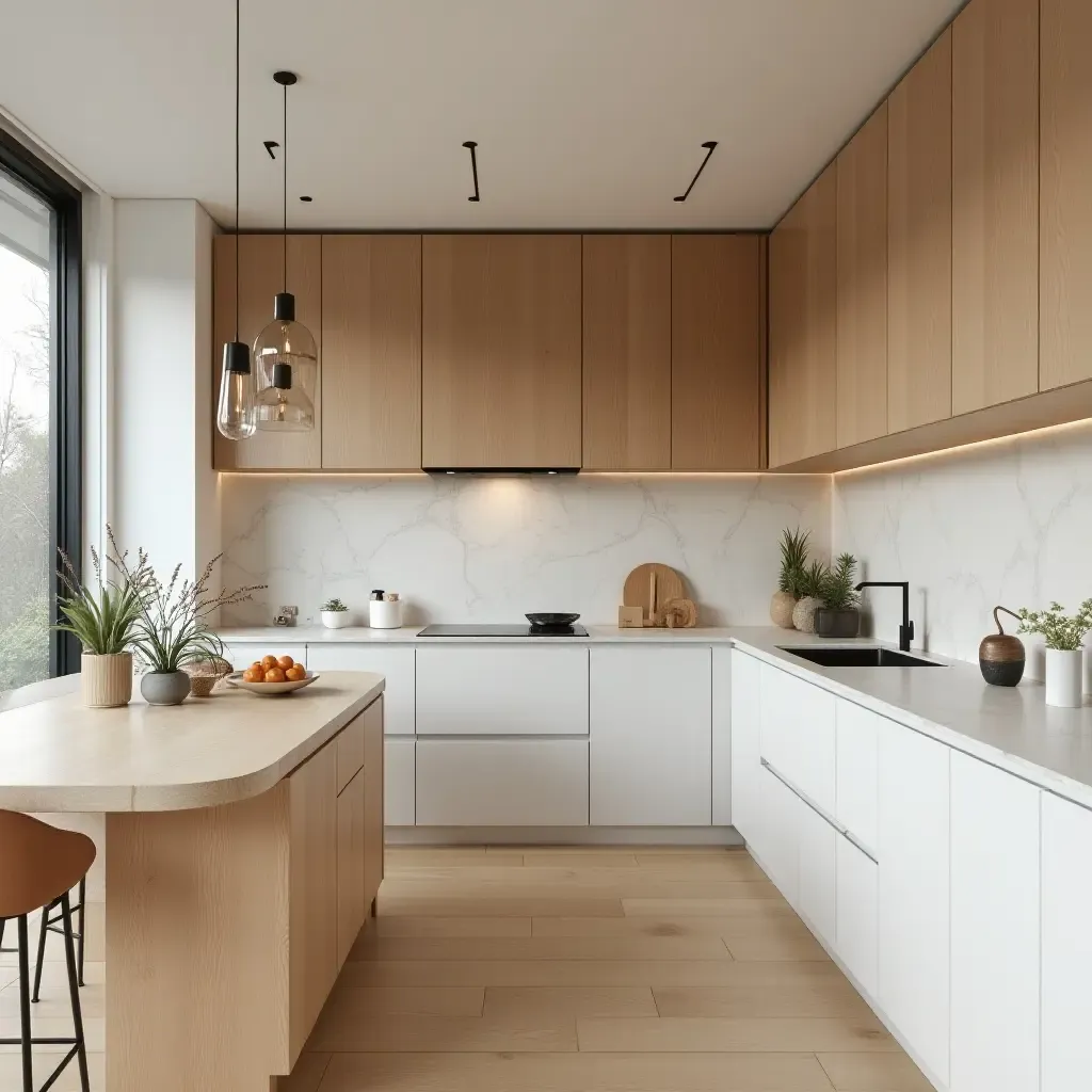 a photo of wooden accents in a minimalist kitchen design