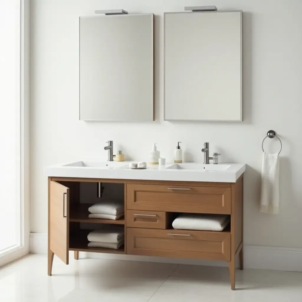 a photo of a dual-purpose bathroom vanity with a workspace and storage