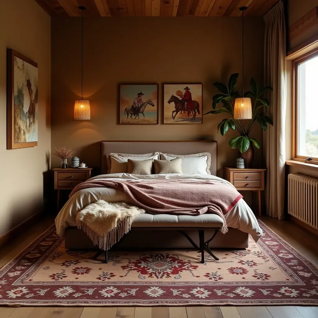 a photo of a luxurious bedroom with plush rugs and intricate saddle blankets