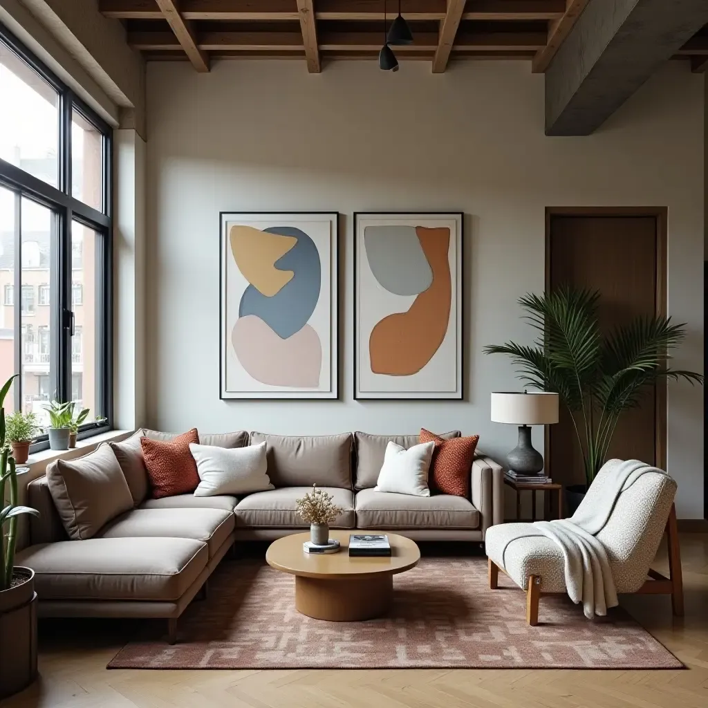 a photo of an eclectic living room with industrial decor and cozy textiles